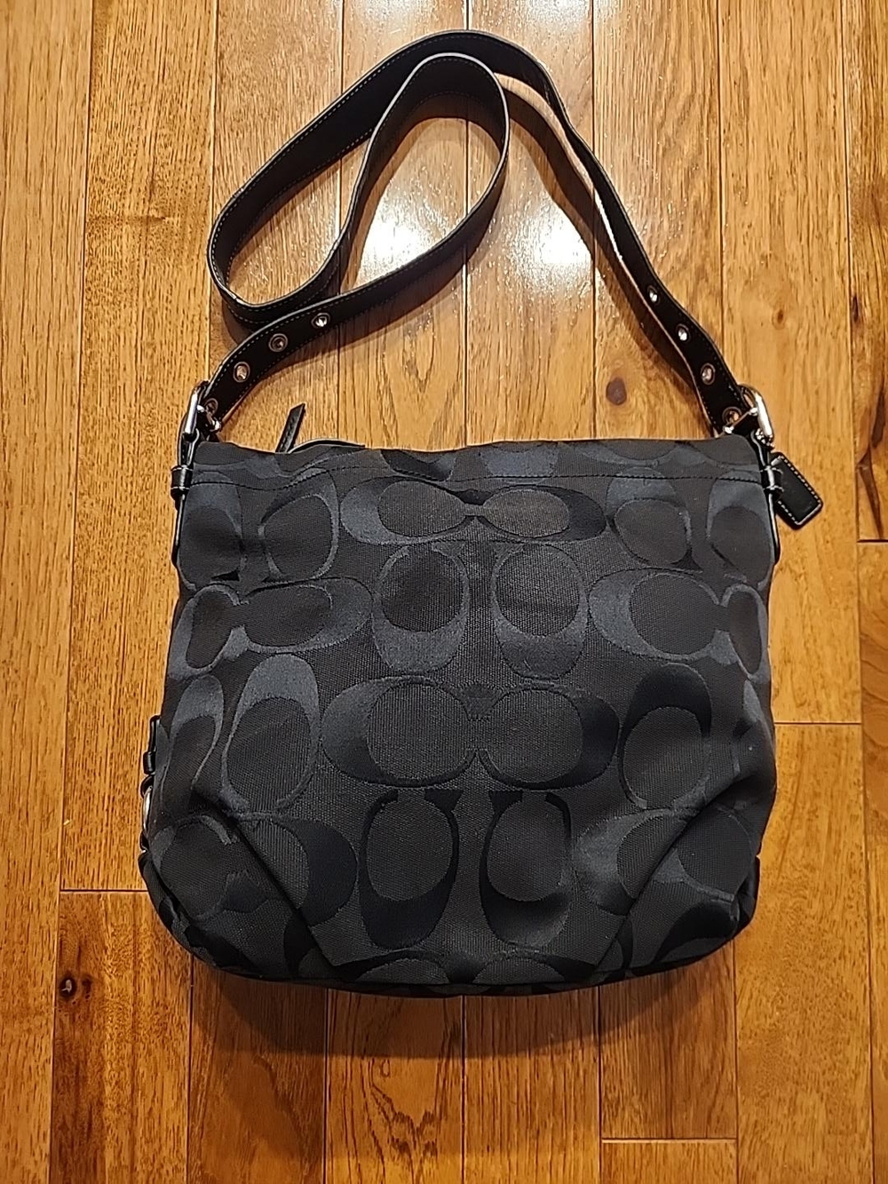 Coach Black Signature Jacquard Shoulder Hobo Bag Leather Trim F13045